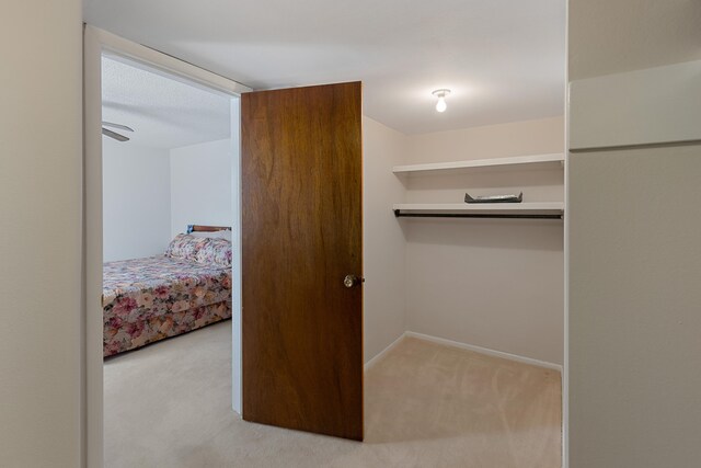 interior space with light carpet, a closet, and a textured ceiling