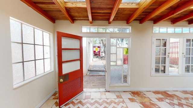 doorway with wooden ceiling, french doors, and light tile flooring