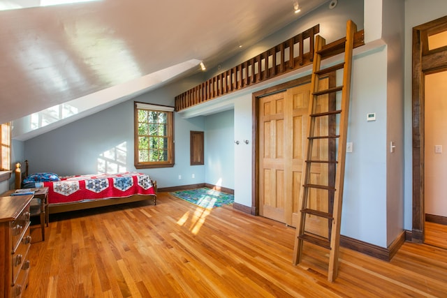 additional living space with vaulted ceiling and light hardwood / wood-style floors