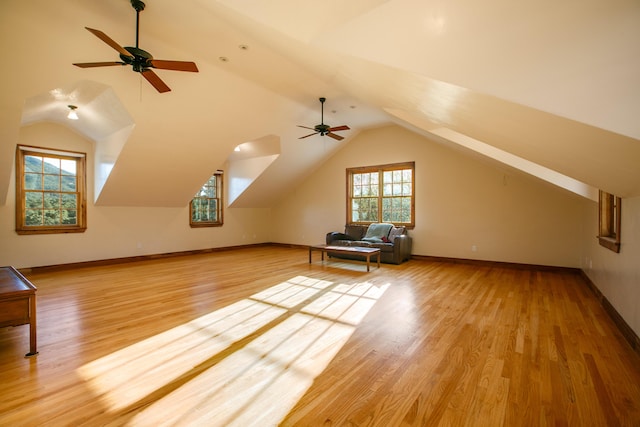 bonus room with lofted ceiling, light hardwood / wood-style flooring, and a wealth of natural light