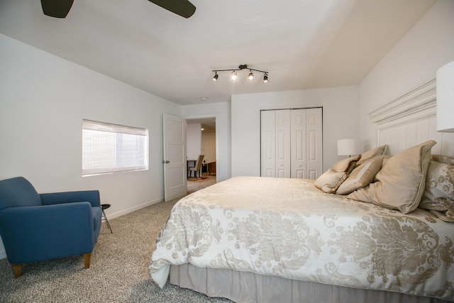 bedroom featuring carpet floors, ceiling fan, and a closet