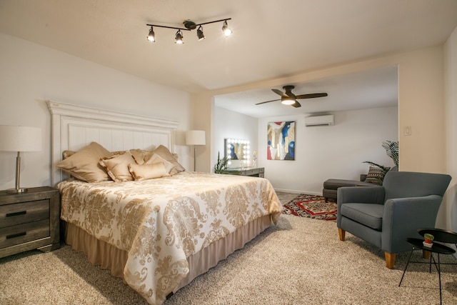 bedroom featuring ceiling fan, light carpet, and a wall unit AC