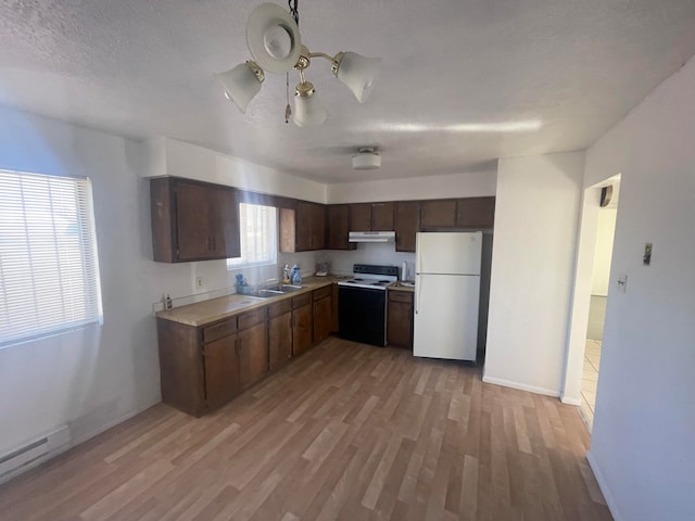 kitchen featuring white appliances, dark brown cabinets, light hardwood / wood-style floors, and range hood