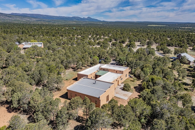 drone / aerial view with a wooded view and a mountain view