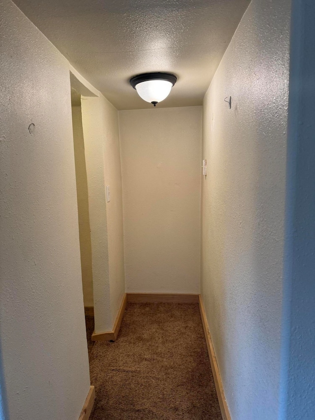 hall with carpet and a textured ceiling