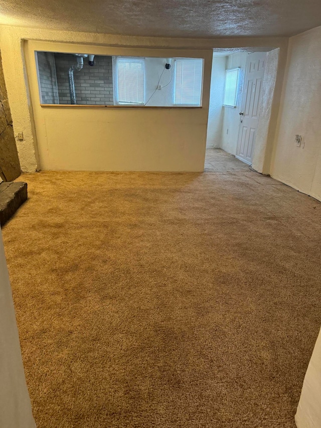 basement featuring carpet flooring and a textured ceiling