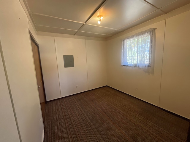 empty room with electric panel and dark colored carpet