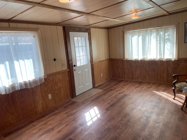 foyer entrance featuring wood ceiling, wood walls, hardwood / wood-style flooring, and plenty of natural light