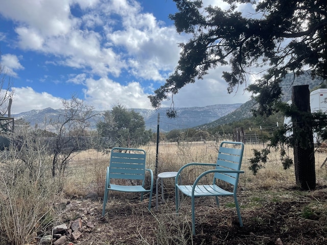 view of yard with a rural view and a mountain view