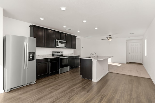 kitchen featuring appliances with stainless steel finishes, hardwood / wood-style floors, ceiling fan, sink, and a center island with sink