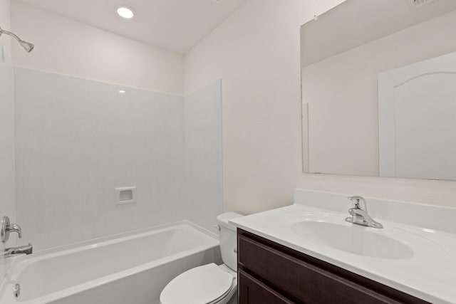 full bathroom featuring shower / tub combination, vanity, and toilet