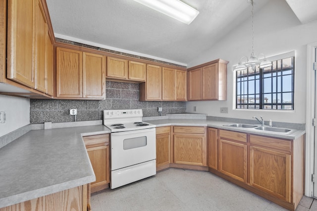 kitchen with white range with electric cooktop, vaulted ceiling, sink, a notable chandelier, and light tile floors