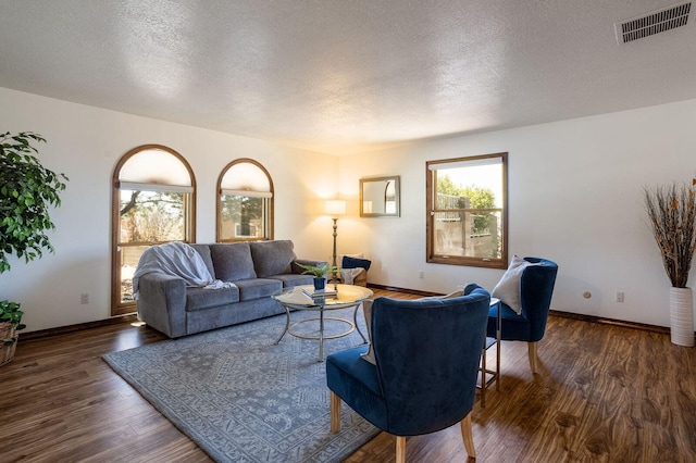 living room with a textured ceiling and dark wood-type flooring