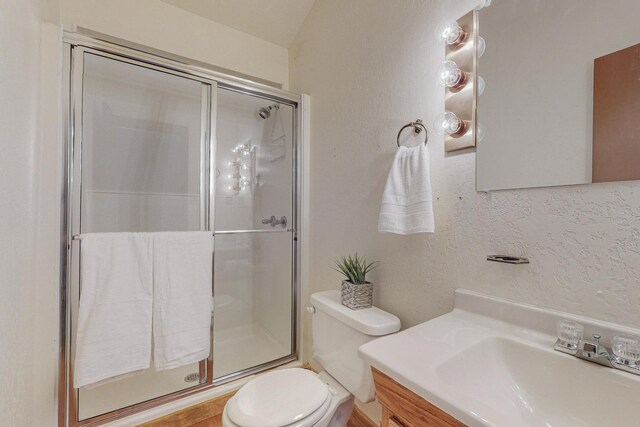 bathroom with vanity, walk in shower, and toilet