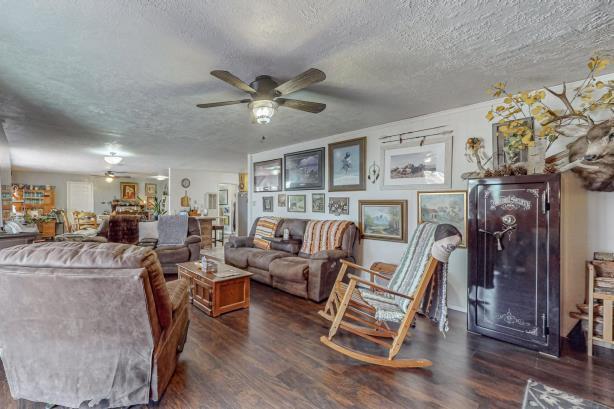 living room with hardwood / wood-style floors, ceiling fan, and a textured ceiling