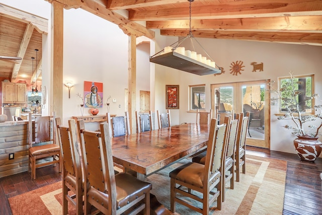 dining area featuring high vaulted ceiling, beamed ceiling, dark hardwood / wood-style flooring, wooden ceiling, and french doors