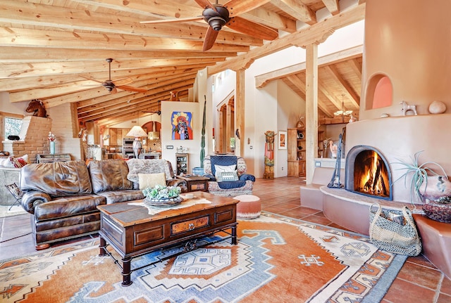 tiled living room with beam ceiling, high vaulted ceiling, and ceiling fan