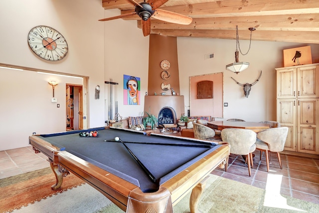 recreation room featuring high vaulted ceiling, billiards, beamed ceiling, ceiling fan, and tile patterned floors