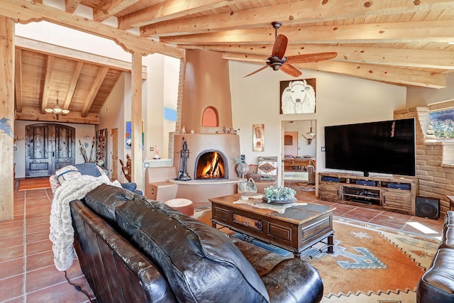 living room with tile patterned flooring, wood ceiling, lofted ceiling with beams, and a large fireplace