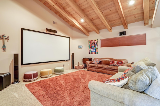 cinema room with carpet flooring, lofted ceiling with beams, and wooden ceiling