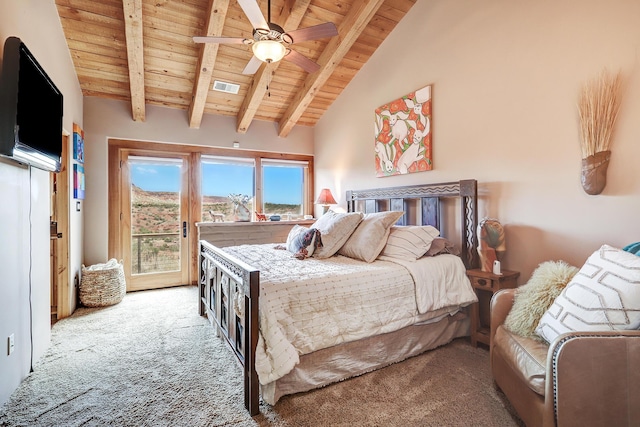 bedroom featuring wood ceiling, ceiling fan, vaulted ceiling with beams, carpet, and access to outside