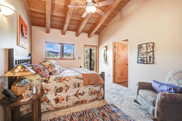 bedroom featuring vaulted ceiling with beams, access to outside, wooden ceiling, and ceiling fan