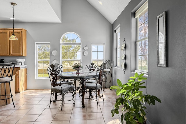 dining area with light tile patterned floors and lofted ceiling