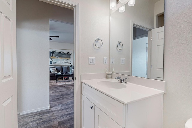 bathroom with hardwood / wood-style floors and vanity