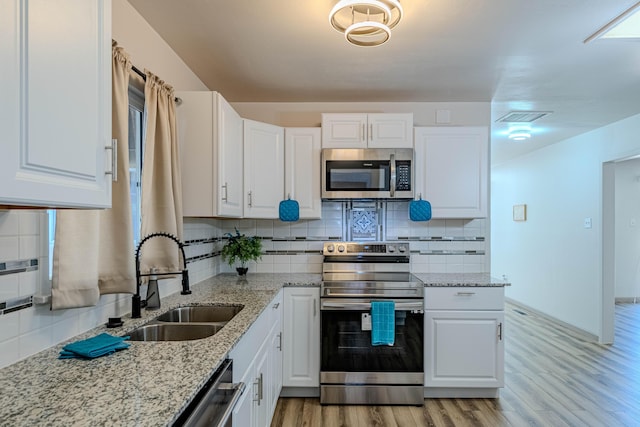 kitchen featuring white cabinetry, sink, decorative backsplash, stainless steel appliances, and light wood-type flooring