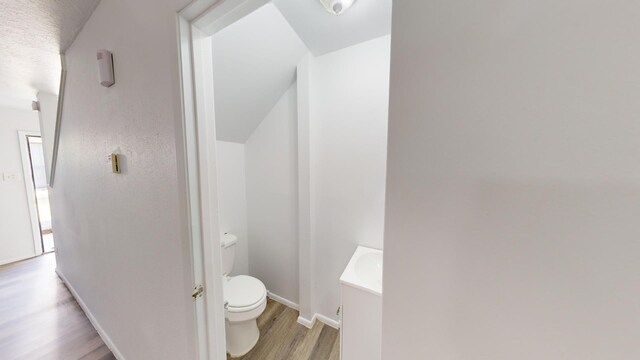 bathroom with hardwood / wood-style flooring, toilet, and vanity