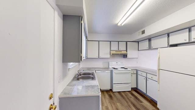 kitchen featuring sink, dark hardwood / wood-style floors, white appliances, and gray cabinets