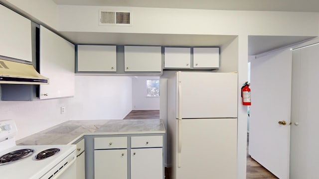 kitchen with hardwood / wood-style flooring, white cabinets, stove, and white fridge