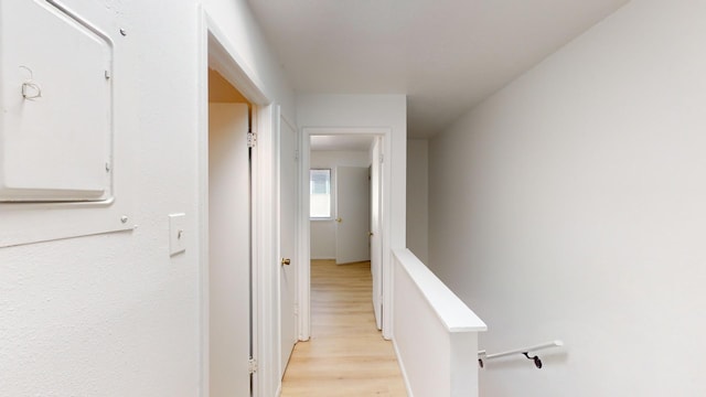 corridor with light hardwood / wood-style flooring and electric panel