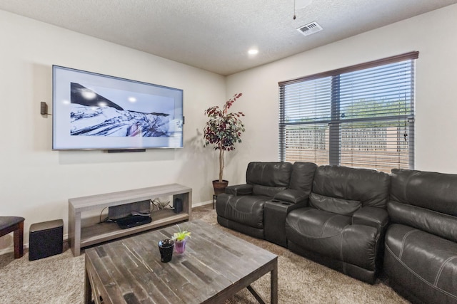 carpeted living room with a textured ceiling