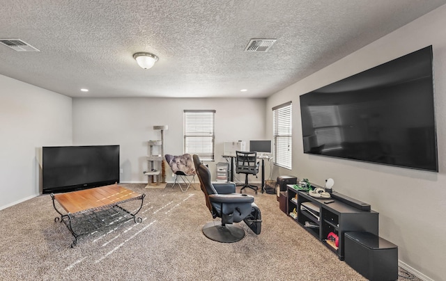 living room with carpet floors and a textured ceiling