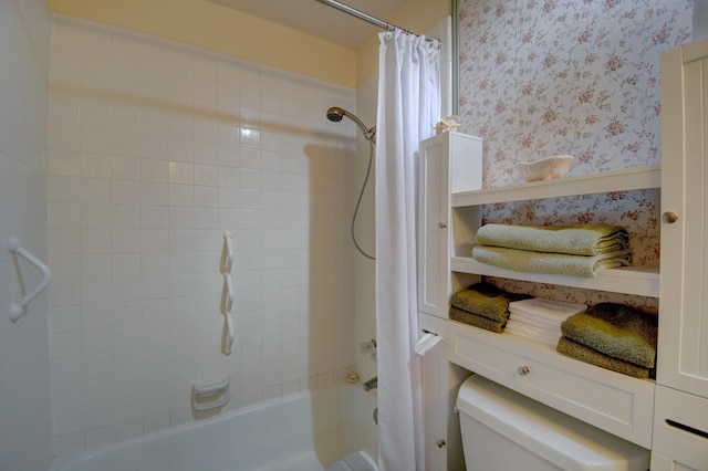 bathroom with shower / bath combination with curtain and toilet