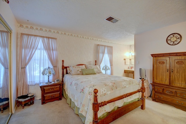 carpeted bedroom with a closet, multiple windows, and a textured ceiling