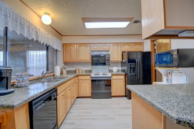 kitchen with kitchen peninsula, sink, light brown cabinets, and black appliances