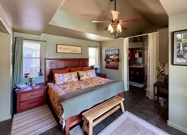 787 Timberlake Rd, Ramah, NM 87321 - bedroom featuring lofted ceiling, dark tile patterned flooring, ceiling fan, and a closet