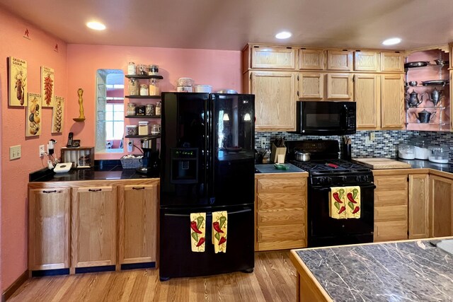 787 Timberlake Rd, Ramah, NM 87321 - kitchen with black appliances, open shelves, light brown cabinets, light wood finished floors, and recessed lighting