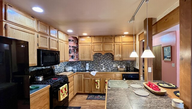 787 Timberlake Rd, Ramah, NM 87321 - kitchen featuring black appliances, decorative backsplash, light wood-style flooring, open shelves, and recessed lighting