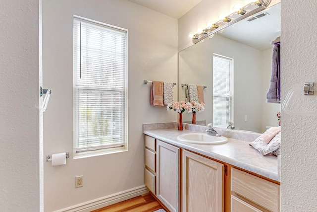 bathroom with a healthy amount of sunlight, wood-type flooring, and vanity