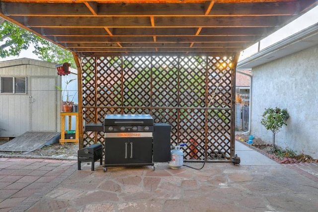 view of patio / terrace featuring grilling area and a shed