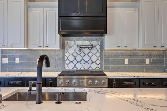 kitchen with decorative backsplash, white cabinetry, light stone countertops, and sink