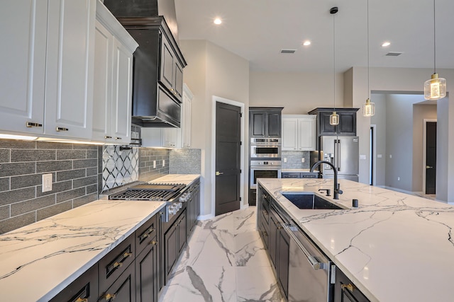 kitchen with white cabinets, sink, tasteful backsplash, decorative light fixtures, and stainless steel appliances