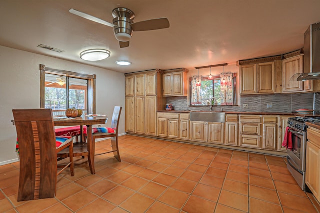 kitchen with sink, decorative light fixtures, stainless steel range with gas cooktop, and tasteful backsplash