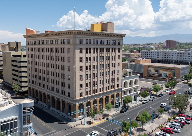 view of building exterior featuring a mountain view