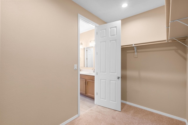 spacious closet featuring light colored carpet and a sink