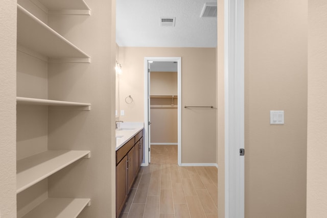 bathroom with visible vents, baseboards, a walk in closet, and vanity