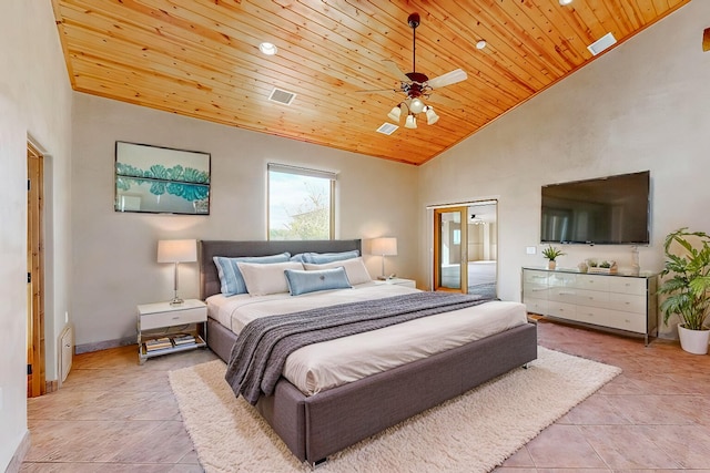 bedroom with high vaulted ceiling, ceiling fan, wooden ceiling, and light tile patterned flooring